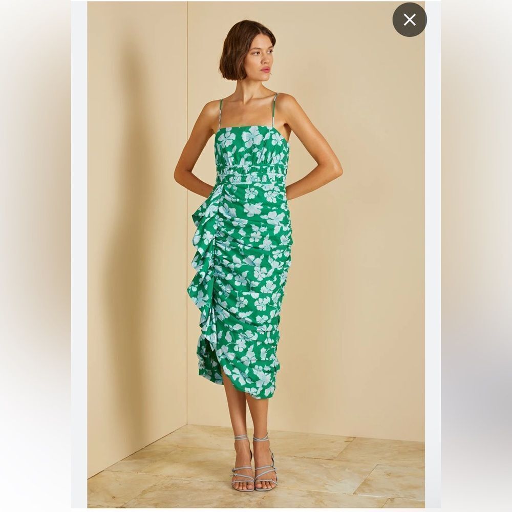 $448 Olly Ruched Midi Dress in Frog Flower NWT
